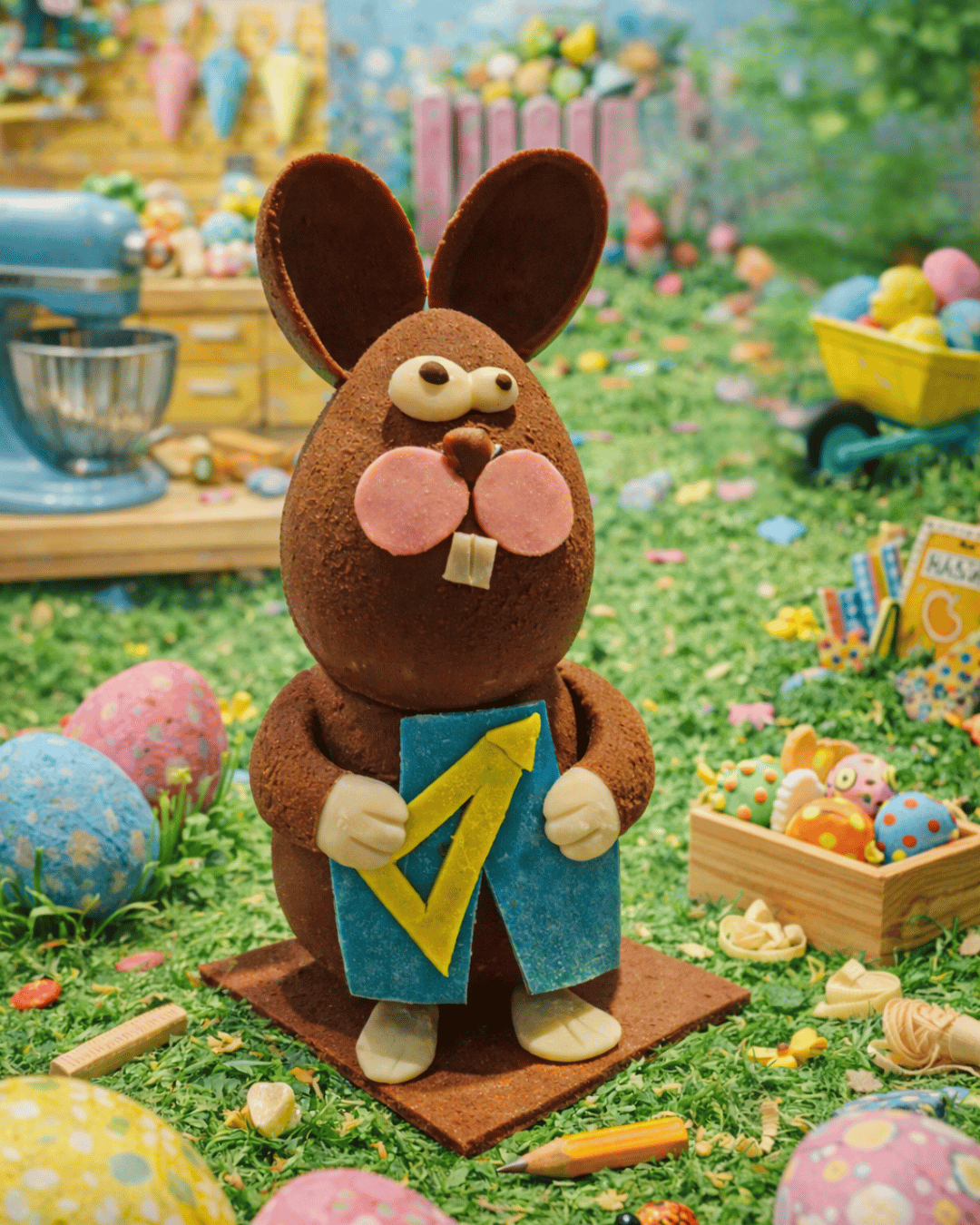 Lapin en chocolat au lait Philibert menuisier création artisanale de Pâques Maison Gélis 15 cm