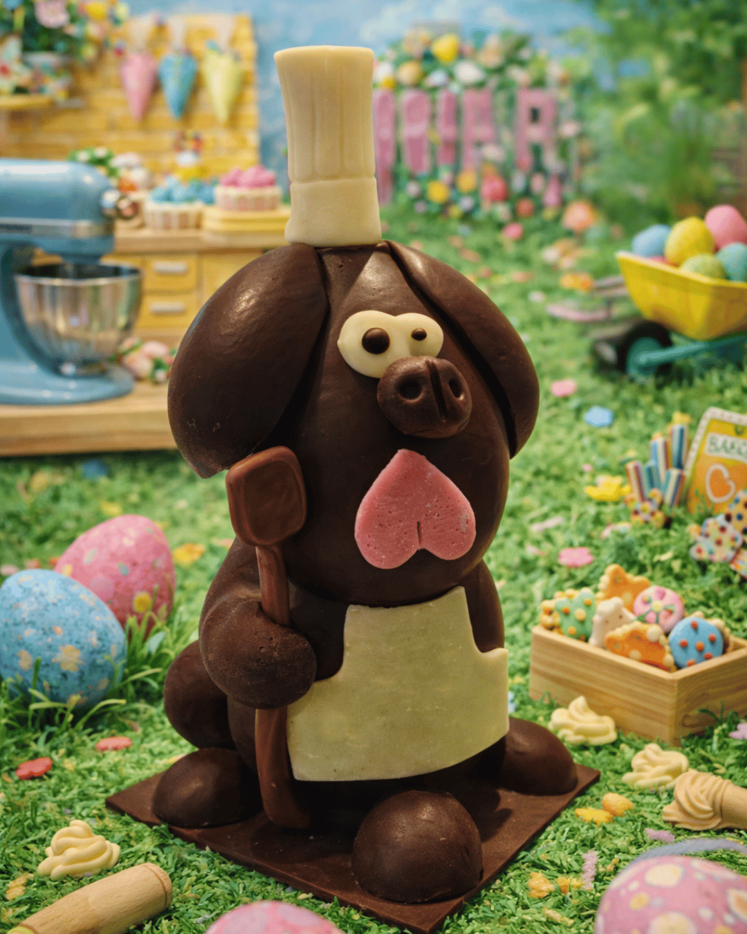 Chien en chocolat noir Gustave pâtissier création artisanale de Pâques Maison Gélis 15 cm