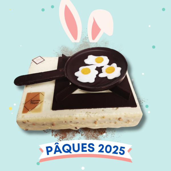 Gâteau de Pâques original en forme de cuisinière avec poêle en chocolat, création éphémère Maison Gélis à Carbonne