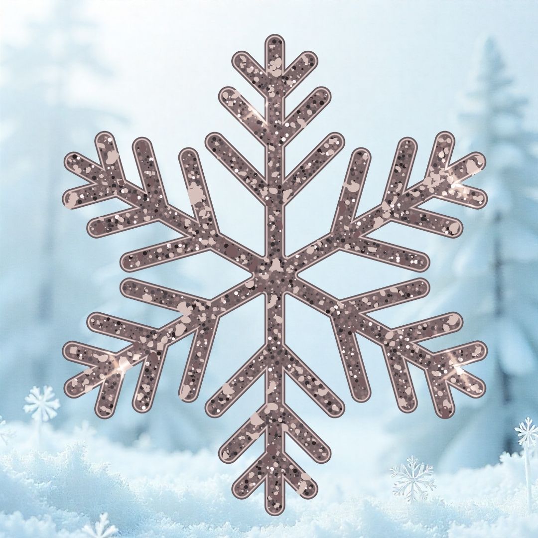 Illustration de flocon de neige cuivré représentant la bûche glacée Solstice de la Maison Gélis, chocolat noir, orange sanguine et épices, naturellement sans lactose.