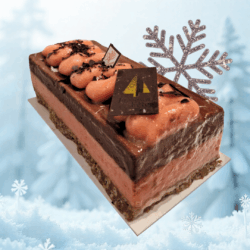 Bûche glacée Solstice de La Maison Gélis, associant sorbet chocolat noir, sorbet orange sanguine et croustillant praliné aux épices, décorée d’un flocon givré, présentée dans un décor hivernal.