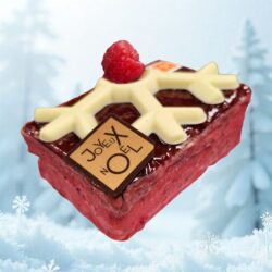 Bûche Cheesecake Fruits Rouges de la Maison Gélis, biscuit rouge, mousse cheesecake blanche et décor flocon en chocolat avec framboise fraîche.