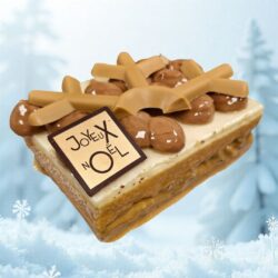 Bûche de Noël L’Instant Figé de la Maison Gélis, avec mousse vanille de Madagascar, décor de chocolat blond et touches de gianduja sur un biscuit au cacao.