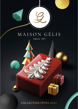 Couverture de la carte de Noël 2024 de la Maison Gélis, illustrant la fusion entre tradition artisanale et innovation avec des éléments futuristes et festifs, mettant en avant les bûches de Noël.