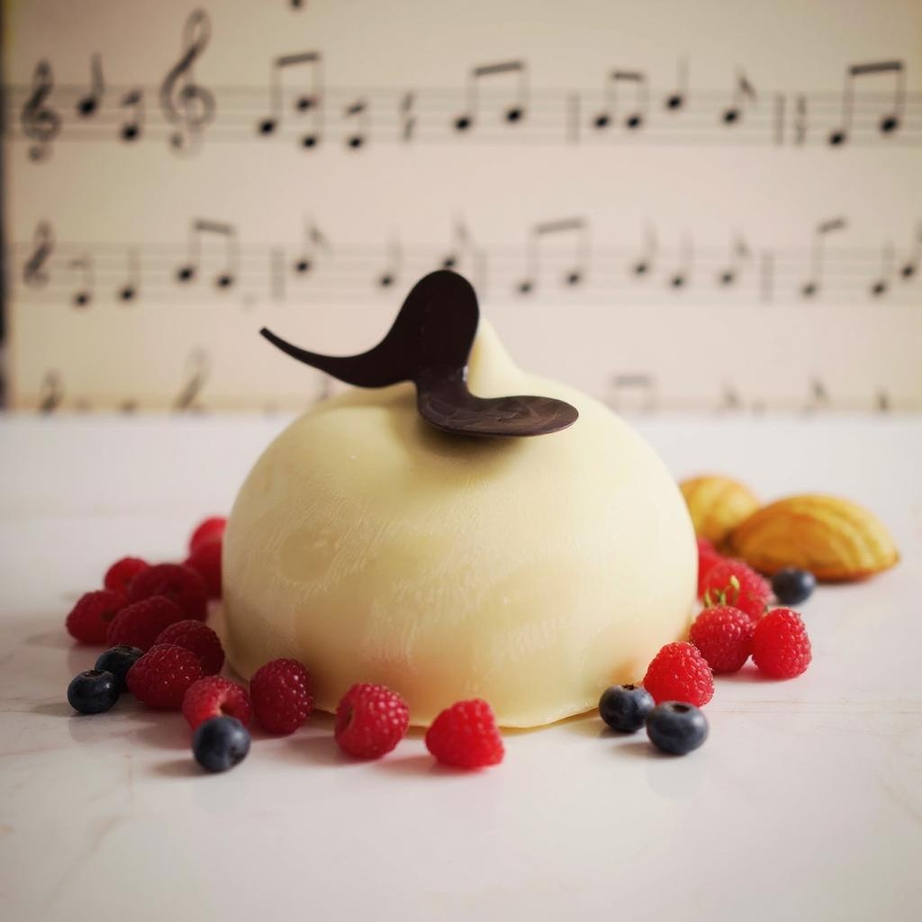 Gâteau blanc glacé avec fruits rouges et madeleine, décoré d’une note de musique en chocolat