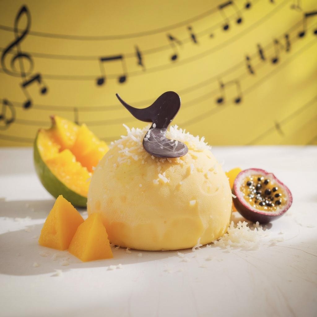 Gâteau jaune avec coco râpée, mangue et passion en décor