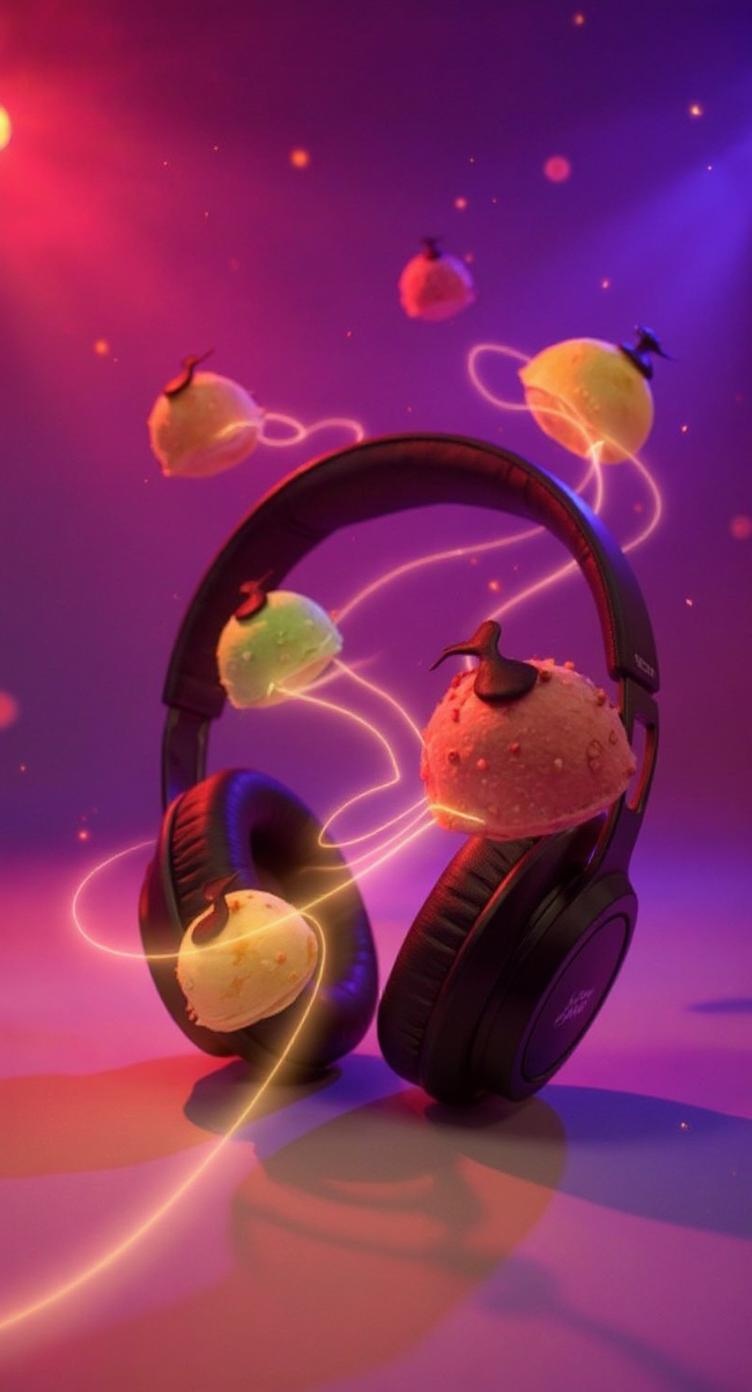 Petits gâteaux colorés flottant autour d’un casque audio dans une ambiance lumineuse, visuel de la Fête de la Musique Sucrée chez Maison Gélis
