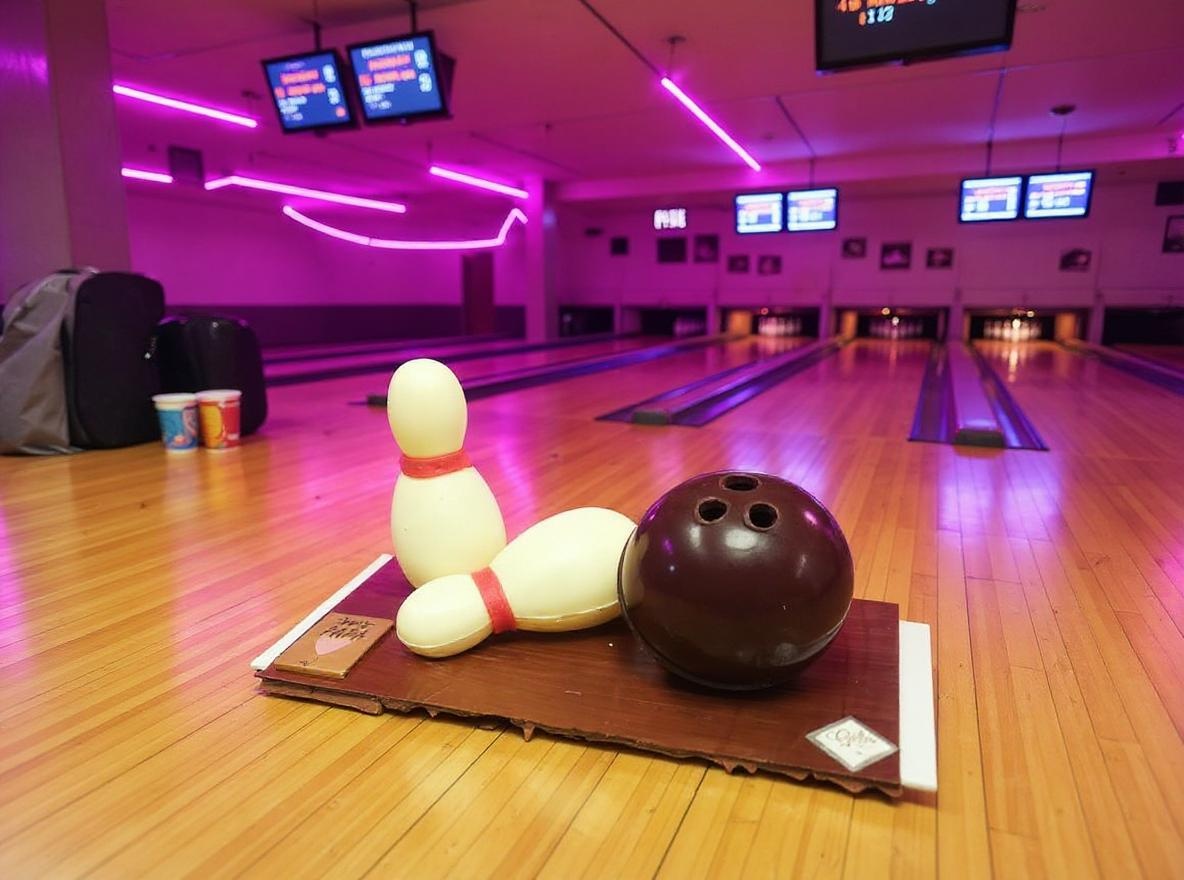 Jeu de bowling en chocolat avec quilles blanches, boule noire et piste en chocolat au lait – création originale Maison Gélis pour la fête des pères