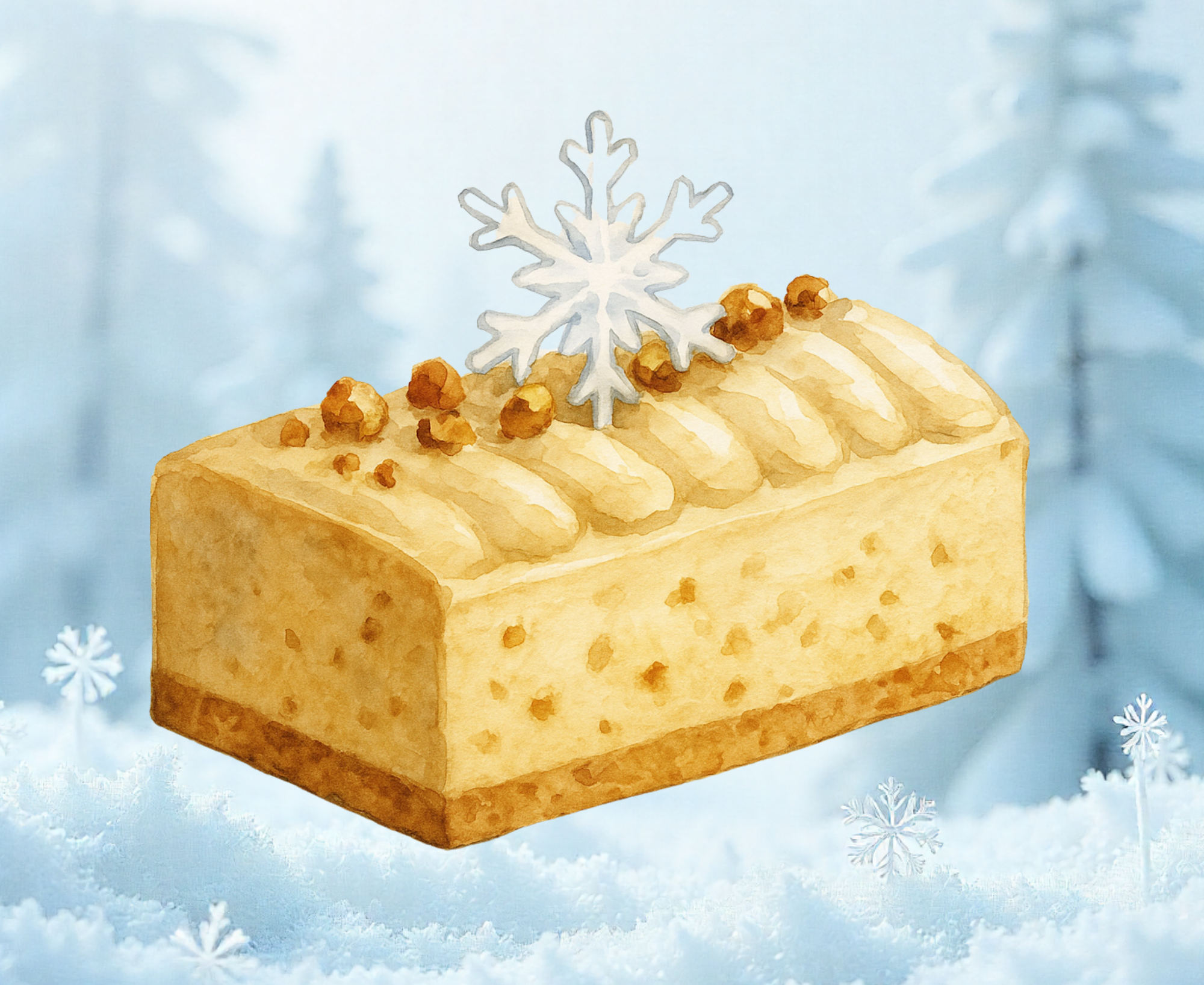 Illustration aquarelle d’une bûche de Noël beige doré, décorée d’un flocon blanc et d’éclats caramélisés, posée sur un décor givré, dans le style de la collection “Temps Suspendu” de La Maison Gélis.