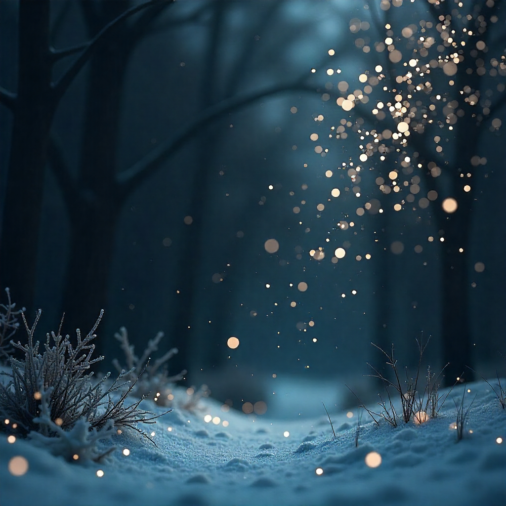 Paysage nocturne enneigé dans une forêt sombre, éclairé par des particules lumineuses dorées flottant dans l’air, créant une ambiance magique et hivernale.
